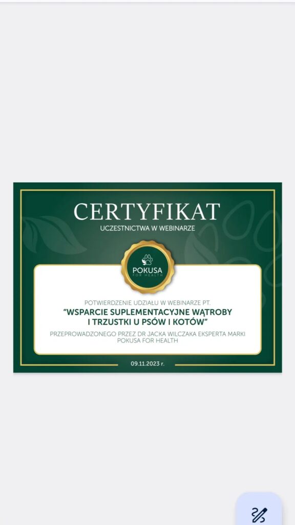 Certyfikat Klaudia Tokarska - zoopsycholog behawiorysta - Wsparcie suplementacyjne psów