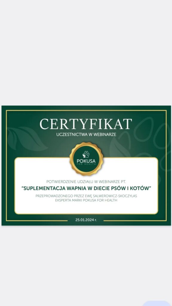 Certyfikat Klaudia Tokarska - hodowca - suplementacja wapnia w diecie psów i kotów